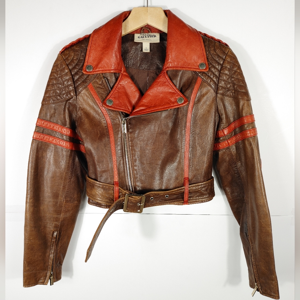 Women's Jean Paul Gaultier For Target Leather Moto Jacket Brown Red Size Small